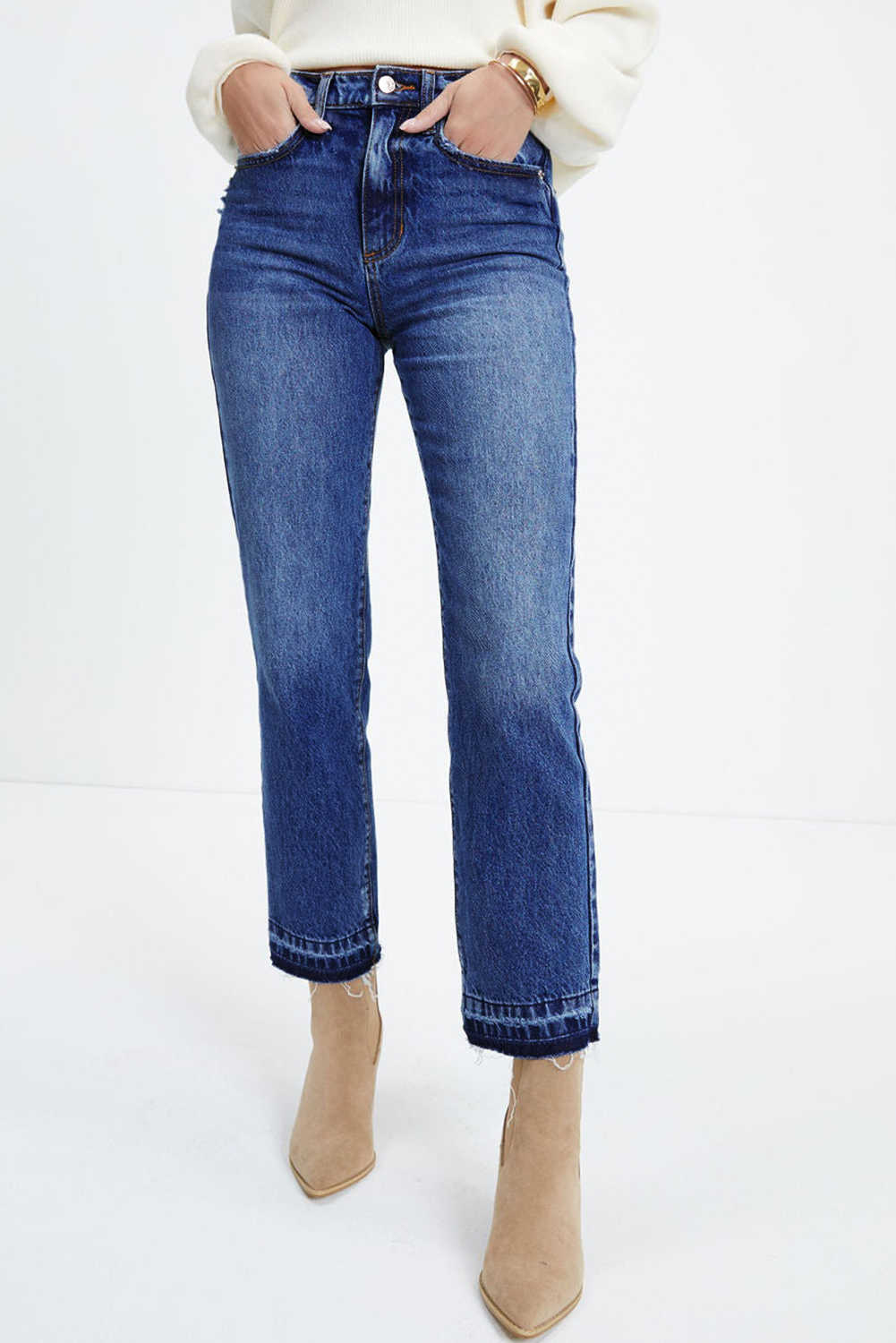 Dark Blue Whiskered Wash Raw Hem Cropped Jeans