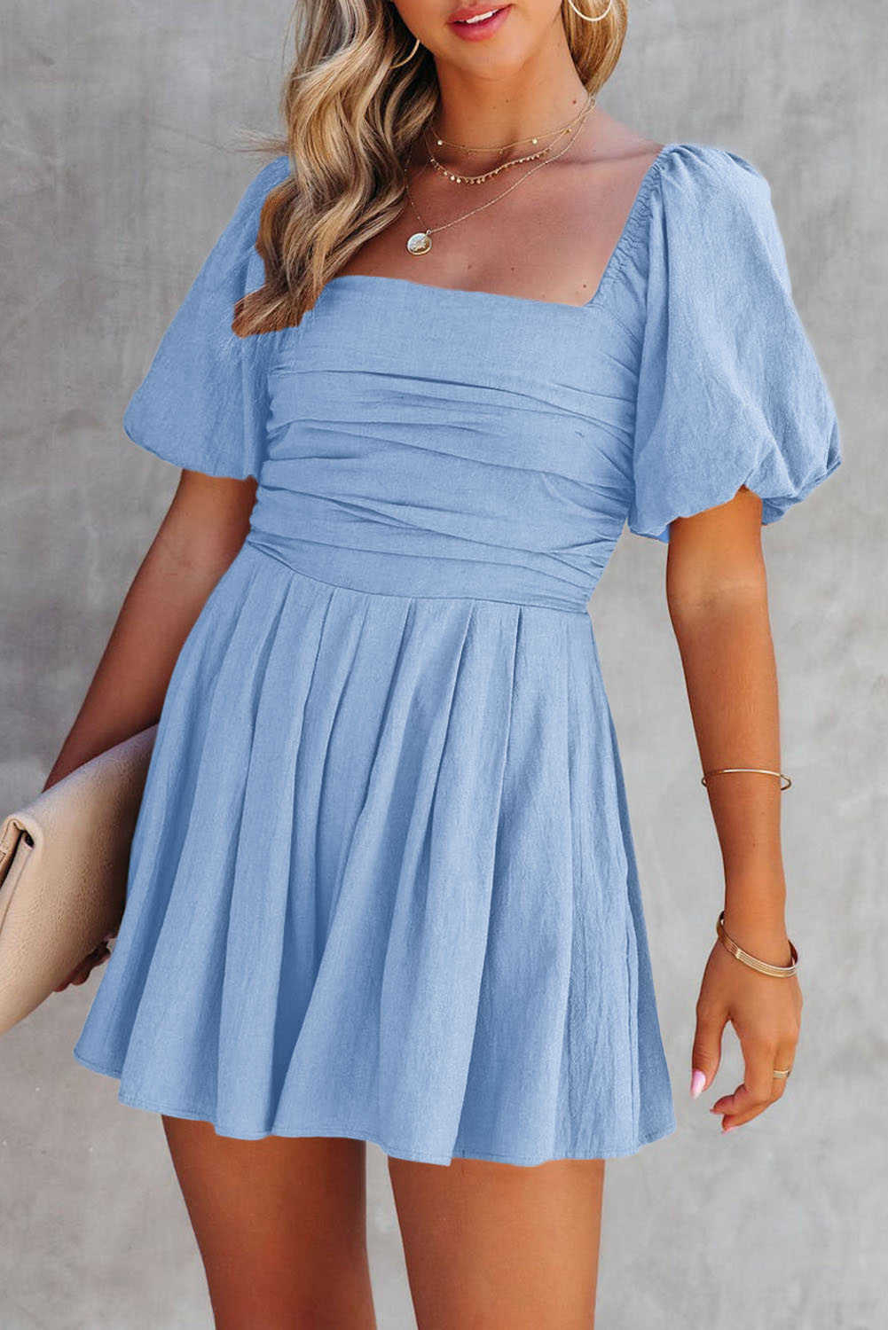 Sky Blue Brown Square Neck Ruched Puff Sleeve Romper