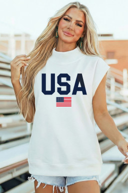 White USA Flag Printed Mock Neck Short Sleeve Top