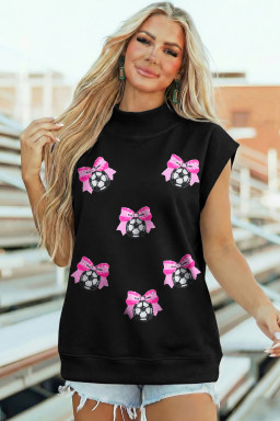 Black Sequin Bow Soccer Ball High Neck Short Sleeve Top