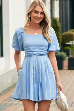 Sky Blue Brown Square Neck Ruched Puff Sleeve Romper
