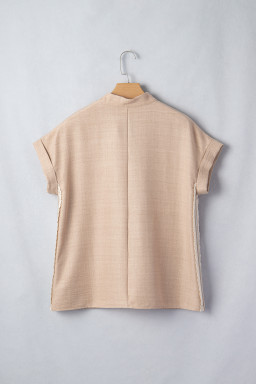 Parchment Crochet Lace Accent Pullover Rolled Short Sleeve Blouse