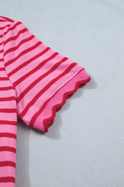 Rose Stripe Striped Short Sleeve Scalloped Trim Side Slit T-Shirt Dress