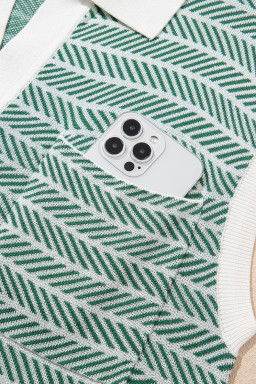 Green Stripe Contrast Trim Sleeveless Polo Collar Sweater