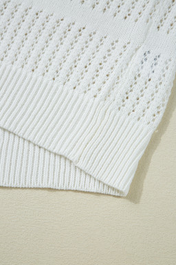 White 3/4 Sleeve Open Knit Mesh Detail Pullover Sweater