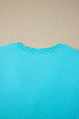 Turquoise Solid Color V Neck Short Puff Sleeve Blouse