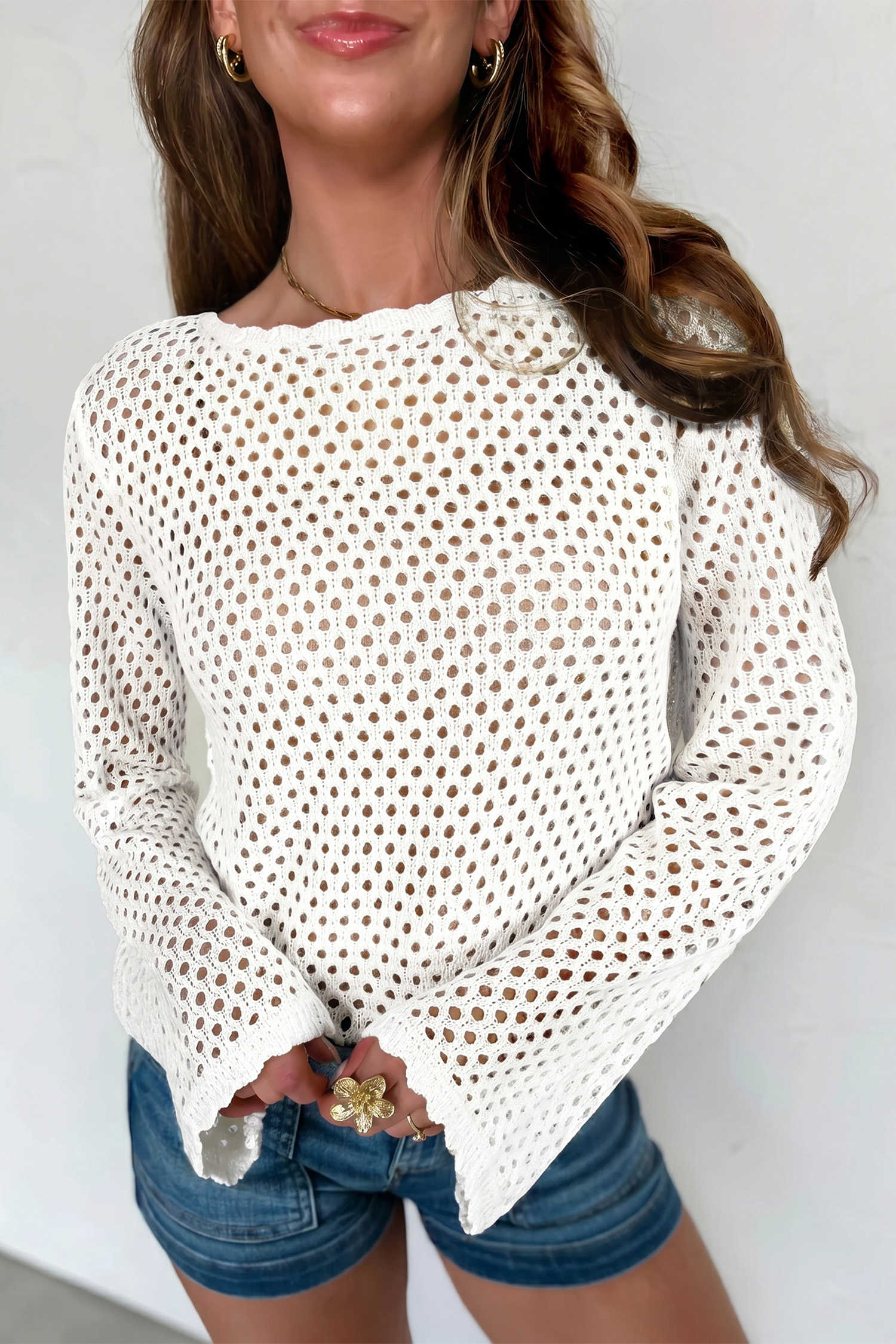 White Scalloped Trim Hollow Out Knit Long Sleeve Top
