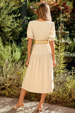 Apricot Contrast Shirred Elastic Waist Short Sleeve Midi Dress