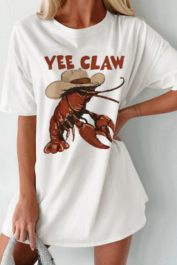 White Funny Western Print Short Sleeve Lobster Graphic Tee