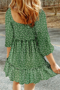 Green Floral 3/4 Sleeve Square Neck Smocked Mini Dress