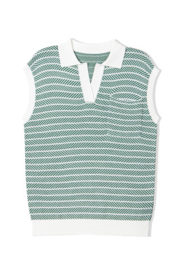 Green Stripe Contrast Trim Sleeveless Polo Collar Sweater
