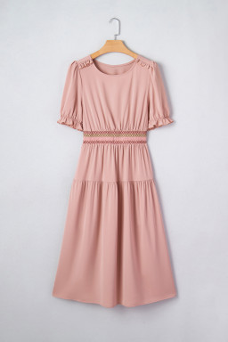 Light Pink Contrast Shirred Elastic Waist Short Sleeve Midi Dress