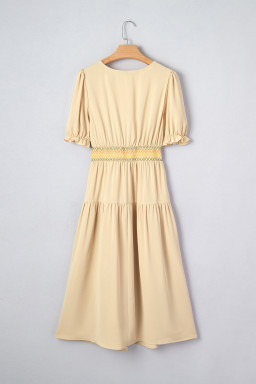 Apricot Contrast Shirred Elastic Waist Short Sleeve Midi Dress