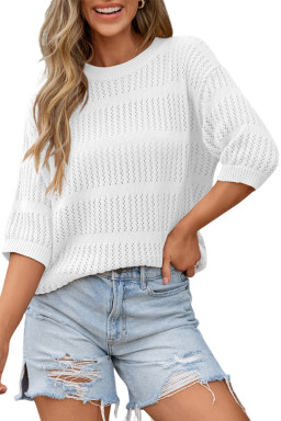 White 3/4 Sleeve Open Knit Mesh Detail Pullover Sweater