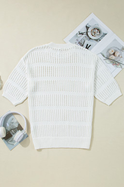 White 3/4 Sleeve Open Knit Mesh Detail Pullover Sweater