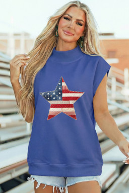 Sky Blue Faux Patchwork Patriotic Star Printed High Neck Top