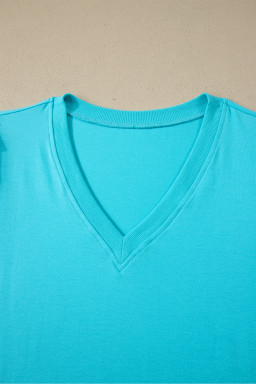 Turquoise Solid Color V Neck Short Puff Sleeve Blouse