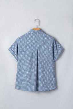 Sky Blue Dotted Print Cuffed Short Sleeve Shirt