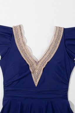 Navy Blue Ruffled Short Sleeve Lace Trim V Neck One Piece Swim Dress