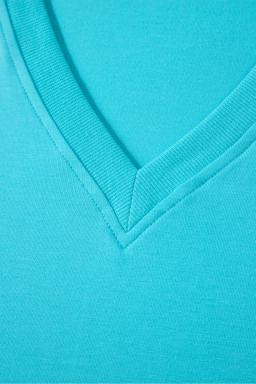 Turquoise Solid Color V Neck Short Puff Sleeve Blouse
