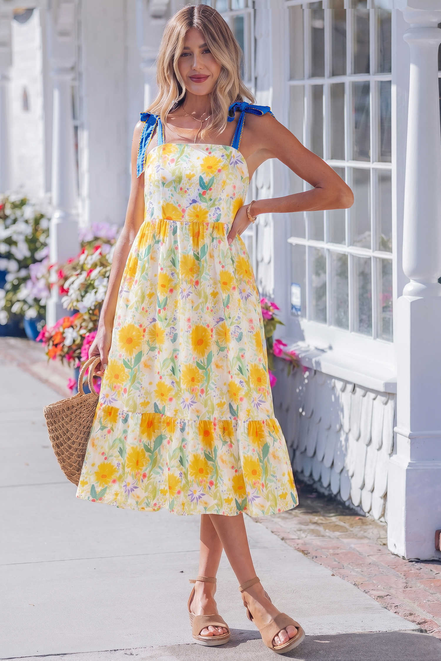 Yellow Floral Print Contrast Stitched Knot Denim Straps High Waist Dress