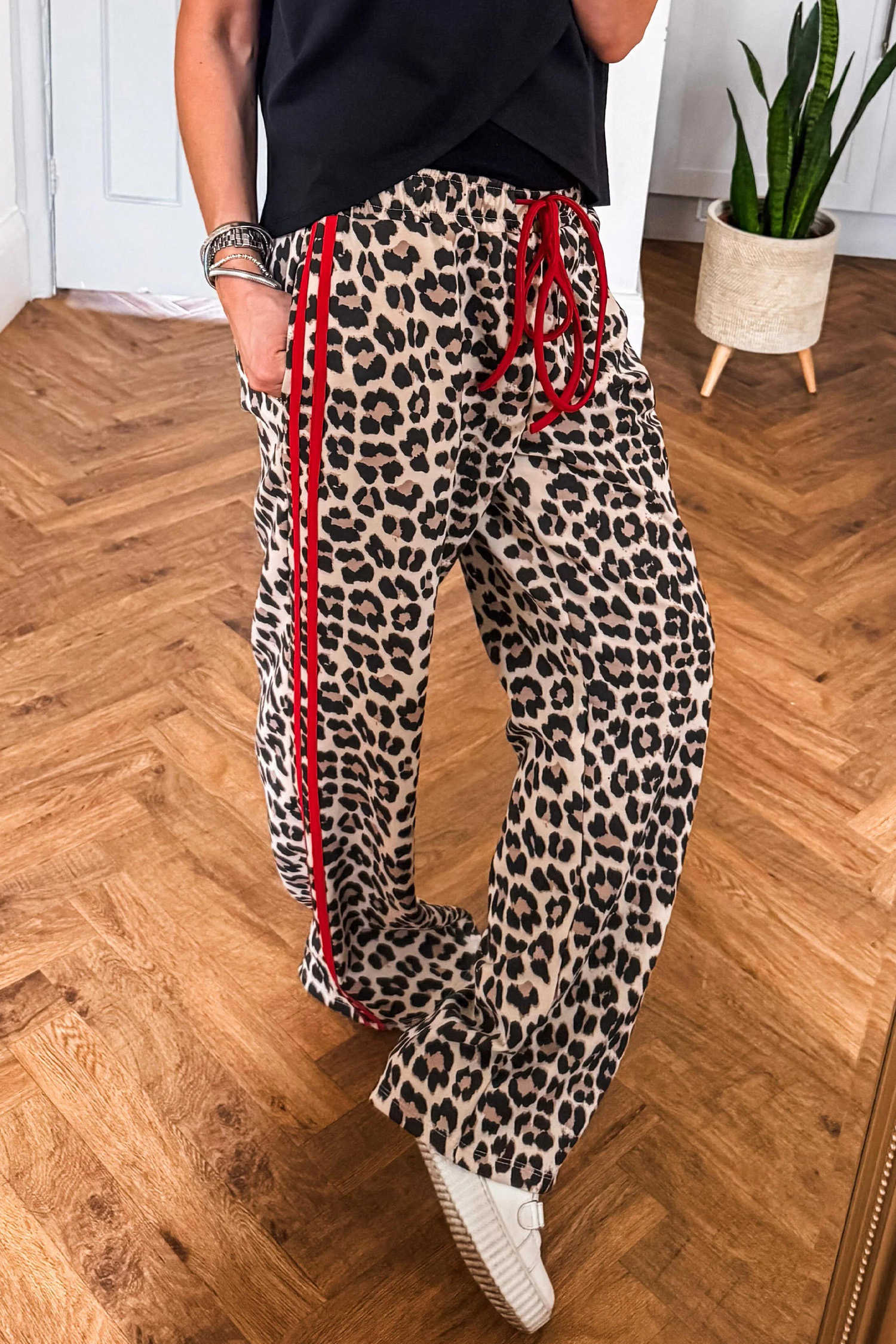 Red Side Stripe Leopard Wide leg Trousers
