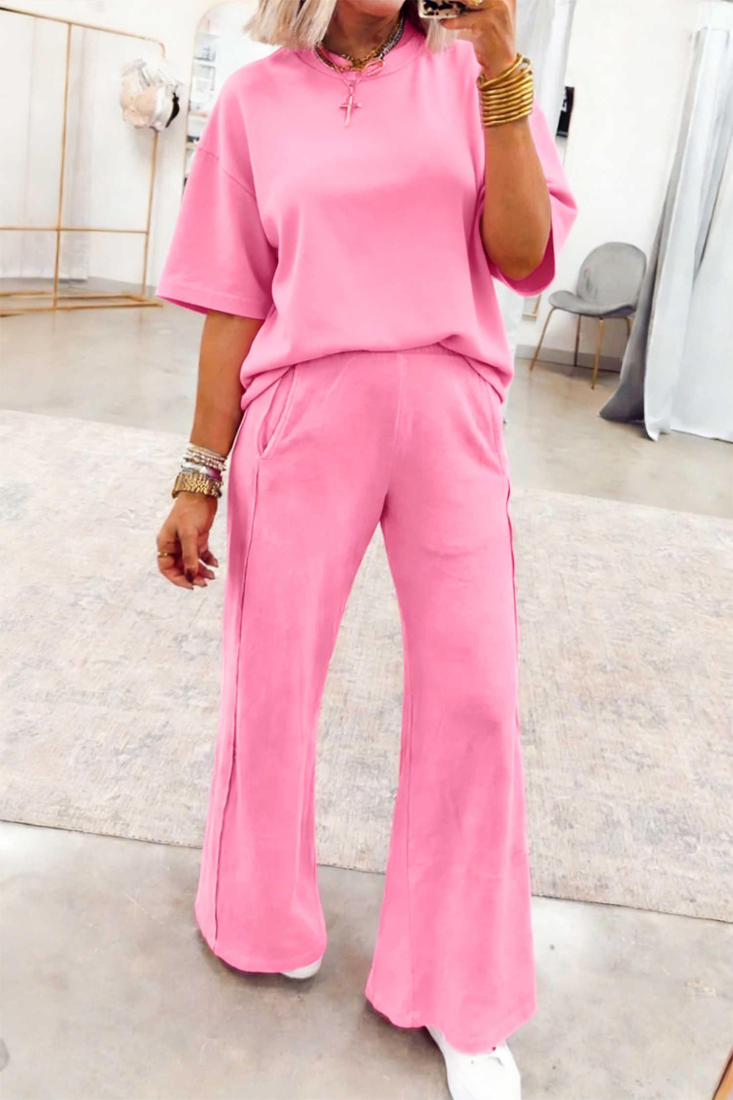 Sachet Pink Solid Cover Oversize Tee Pocketed Casual Pants 2pcs Outfit