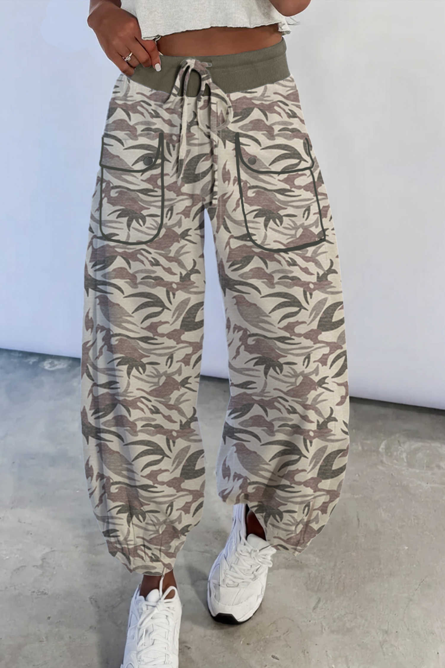 Khaki Drawstring Contrast Waistband Camouflage Cargo Barrel Pants