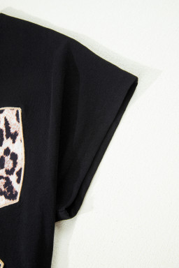 Black Leopard Bow Embroidered Cotton Round Neck T Shirt