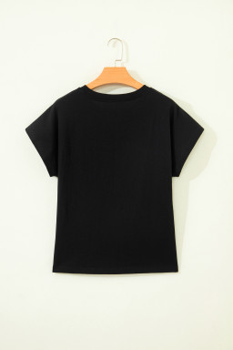 Black Leopard Bow Embroidered Cotton Round Neck T Shirt