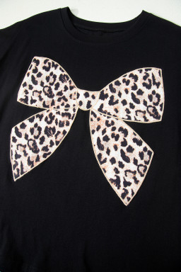 Black Leopard Bow Embroidered Cotton Round Neck T Shirt