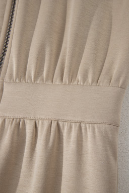 Dark Khaki Solid Color Zip Front Short Sleeve Collared Jumpsuit