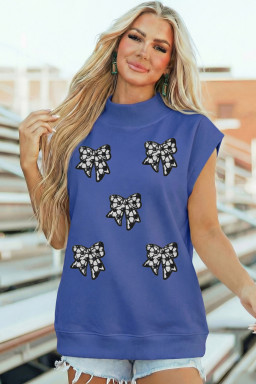 Sky Blue Sequin Bow High Neck Cap Sleeve Top