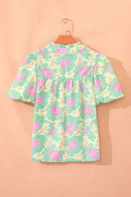 Green Short Bubble Sleeve Summer Floral Blouse