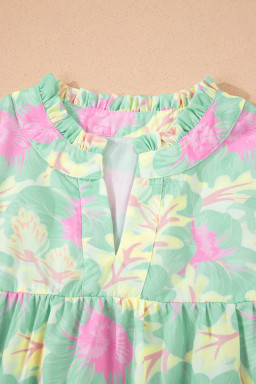 Green Short Bubble Sleeve Summer Floral Blouse