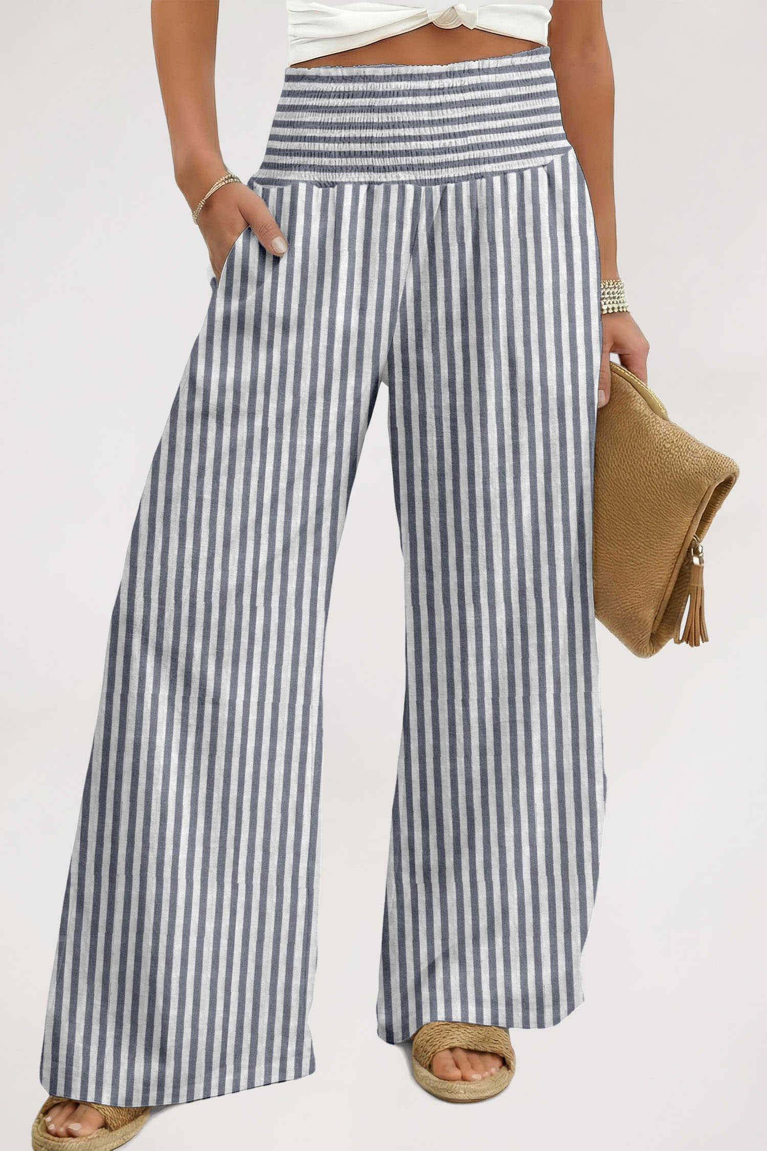 Black Stripe Shirred High Waist Loose Summer Pants