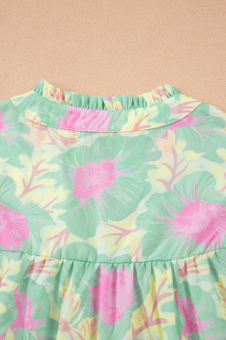 Green Short Bubble Sleeve Summer Floral Blouse