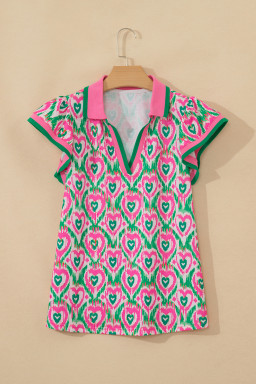 Green Abstract Heart In Heart Print Striped Trim Polo Collar Short Sleeve Blouse