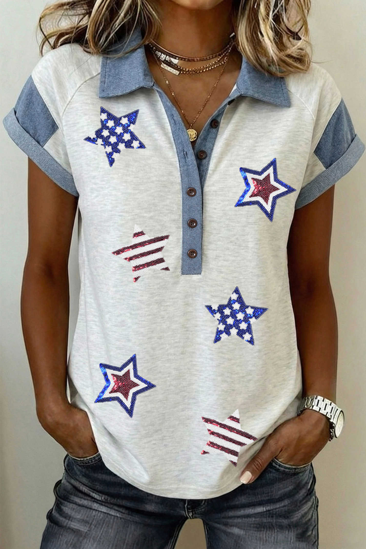 Light Grey Color Block Polo Neck Patriotic Sequin Star Graphic Polo Tee