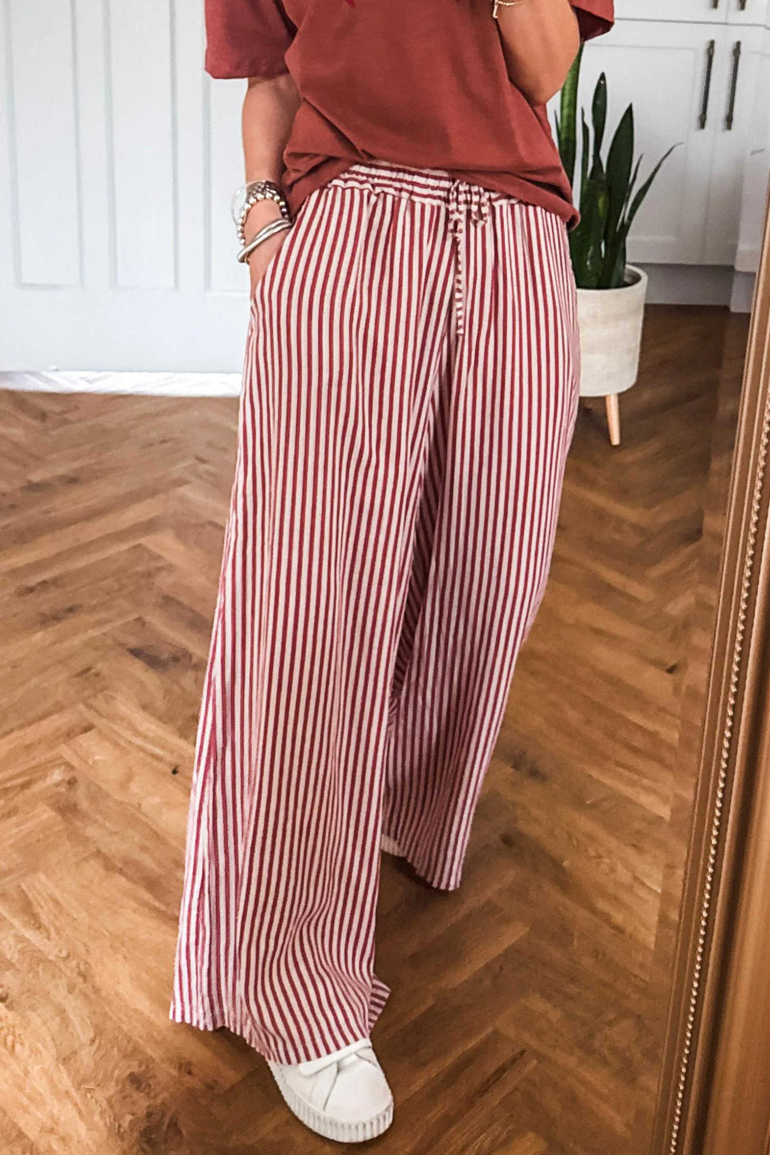 Red Stripe Drawstring Elastic Waist Wide Leg Trousers