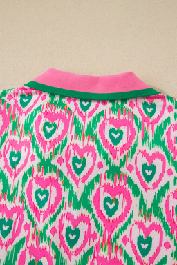 Green Abstract Heart In Heart Print Striped Trim Polo Collar Short Sleeve Blouse