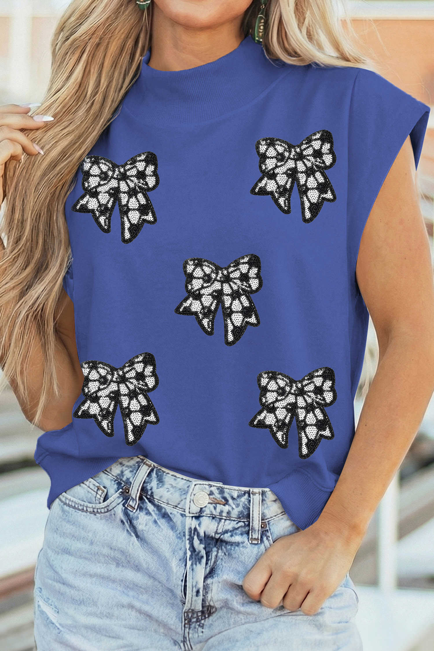 Sky Blue Sequin Bow High Neck Cap Sleeve Top