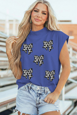 Sky Blue Sequin Bow High Neck Cap Sleeve Top