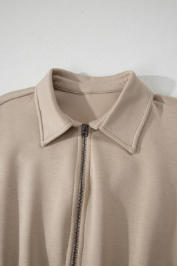 Dark Khaki Solid Color Zip Front Short Sleeve Collared Jumpsuit