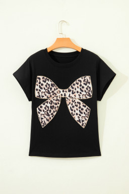 Black Leopard Bow Embroidered Cotton Round Neck T Shirt