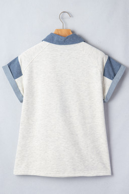 Light Grey Color Block Polo Neck Patriotic Sequin Star Graphic Polo Tee