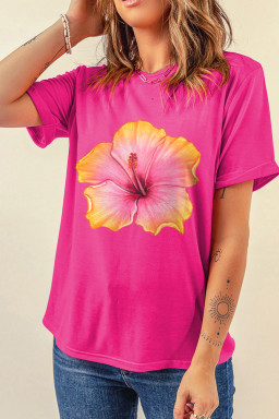 Rose Red Floral Print Loose Fit Short Sleeve T-Shirt