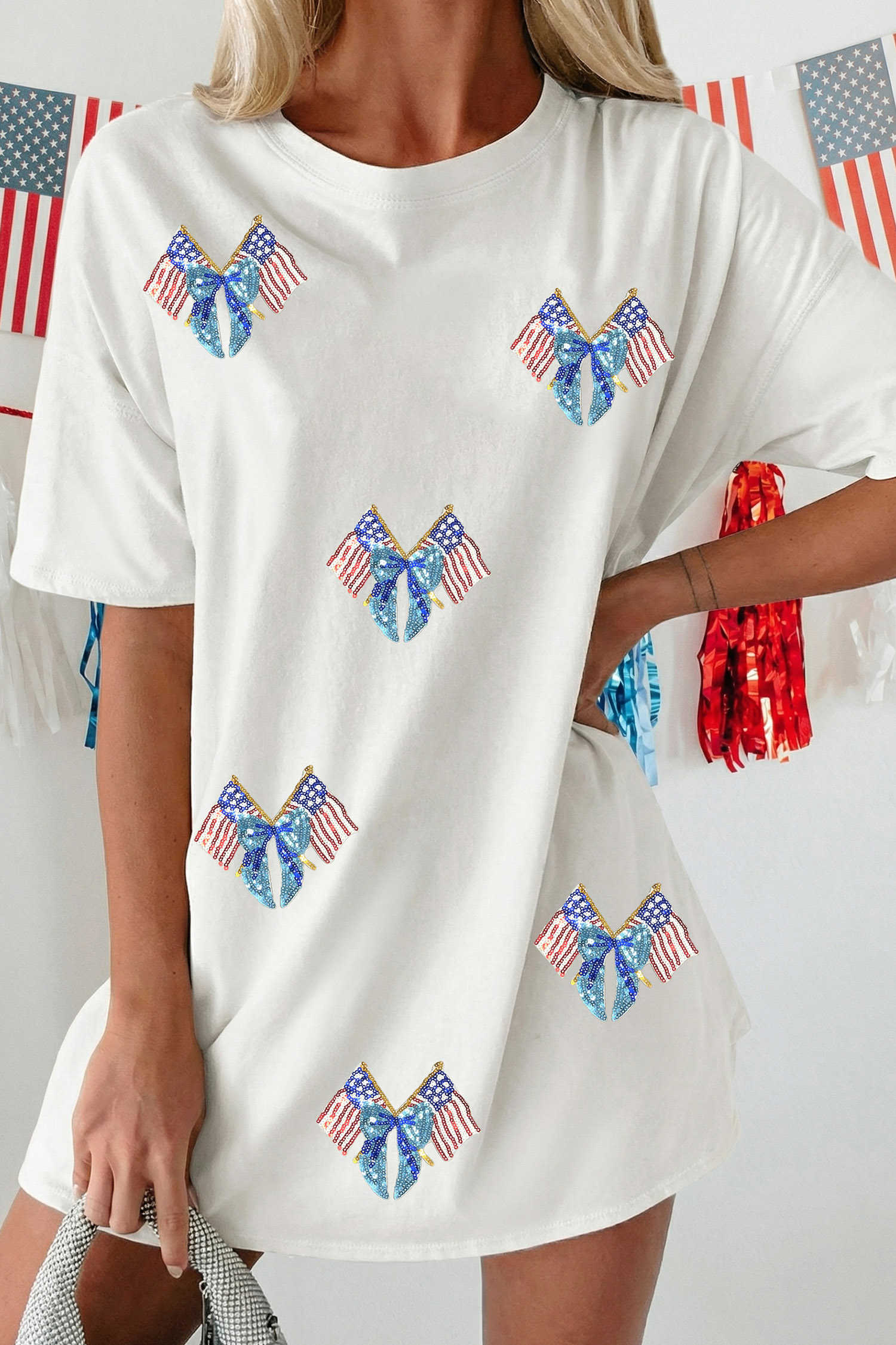White Patriotic Sequin Bow Flag Cotton Tunic Shift Tee