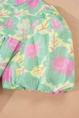 Green Short Bubble Sleeve Summer Floral Blouse