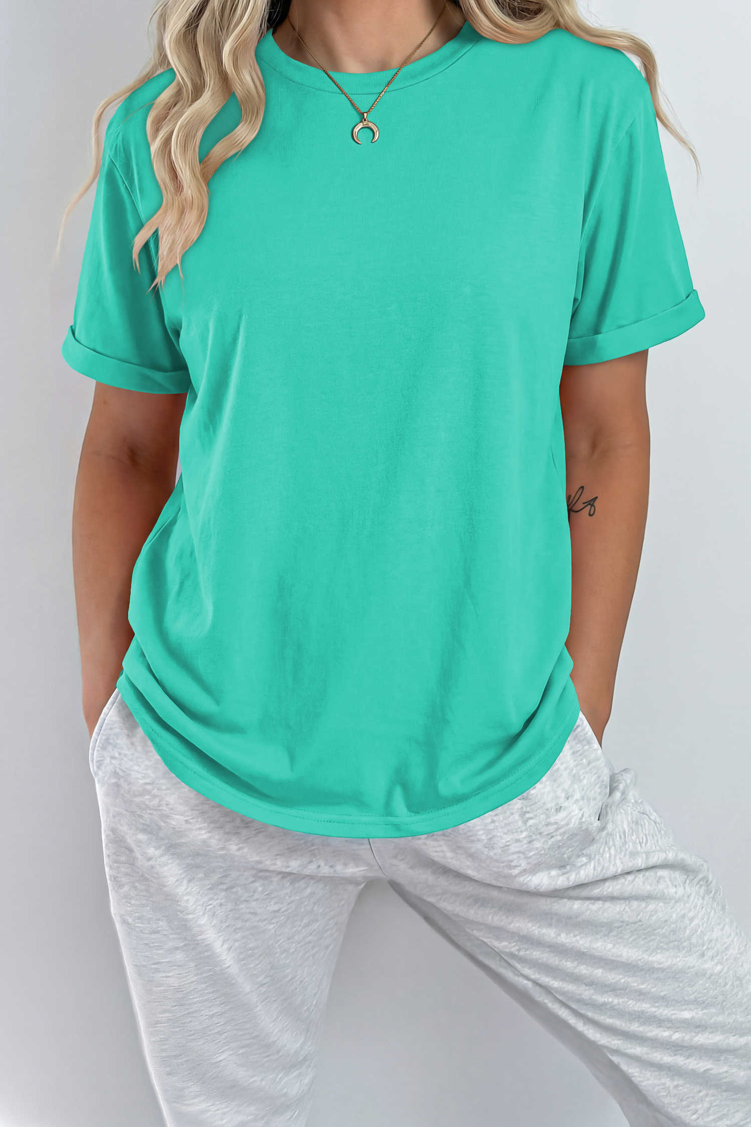 Mint Green Casual Plain Crew Neck Tee